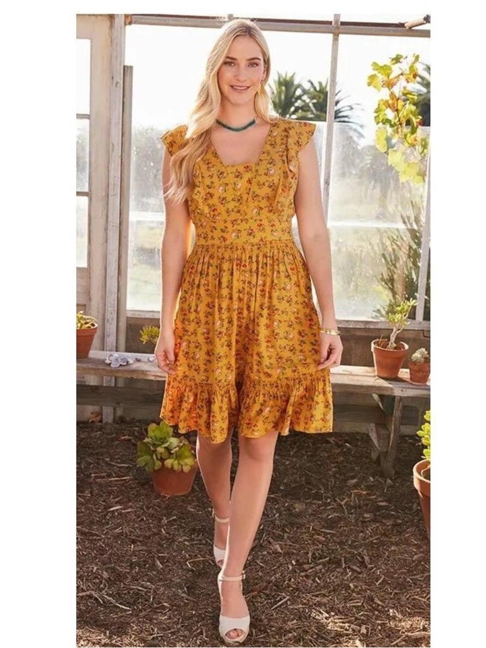 Matilda Jane women large 12 14 Dress knee midi Yellow mustard gold floral fall